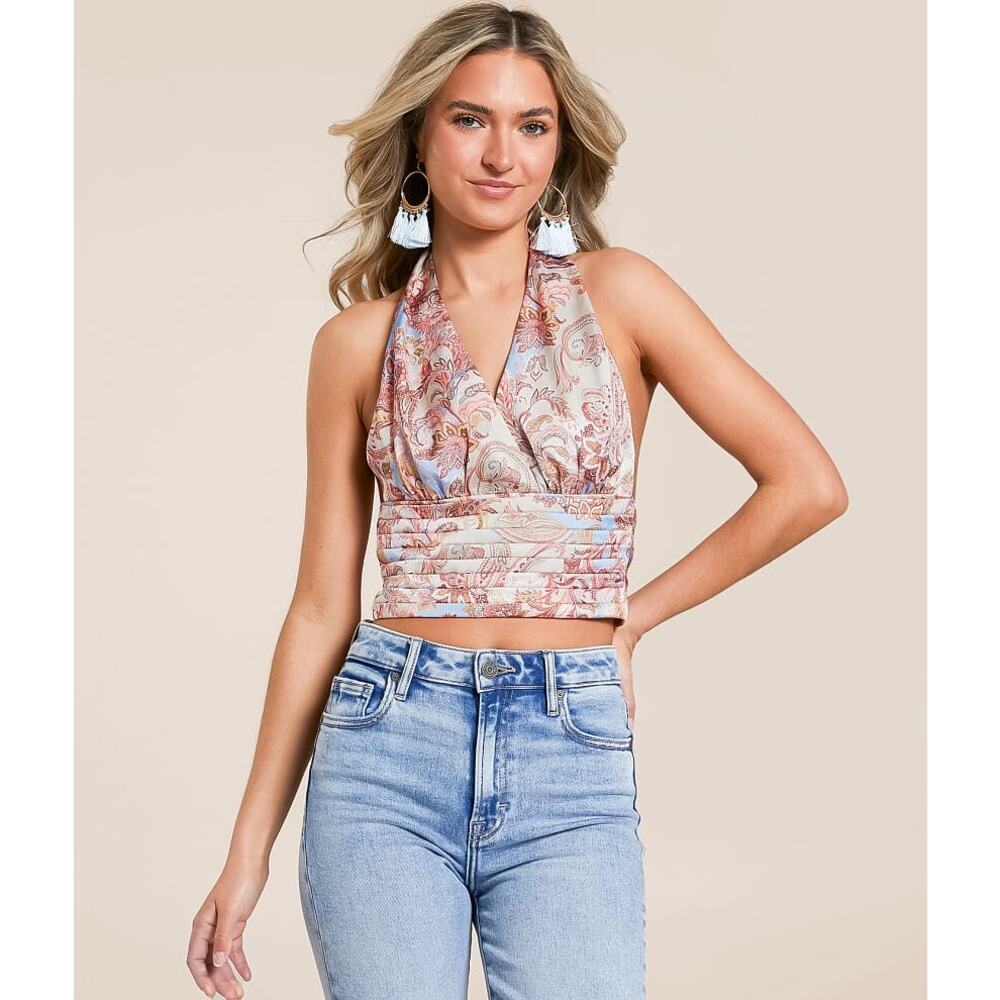 WILLOW & ROOT Taupe Pink Blue Paisley Satin Cropped Halter V-Neck Halter Top L